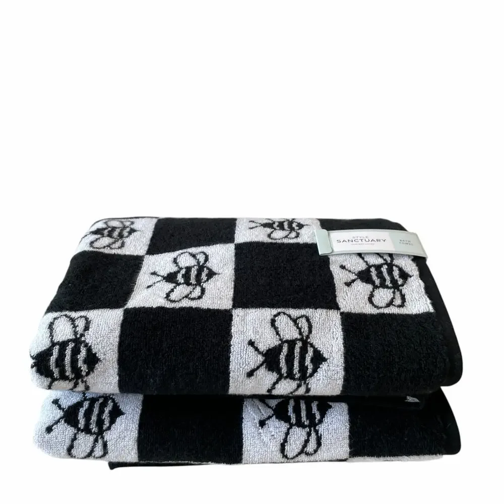Chic Black & White Checkered BEE Bath Towel Set of 2 100% Cotton NEW